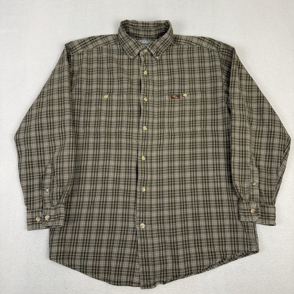 Carhartt Mens Large Plaid Button Down Shirt Olive Green Long Sleeve Workwear